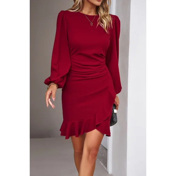 Red Ruched Ruffle Dress - Picture 5 of 8